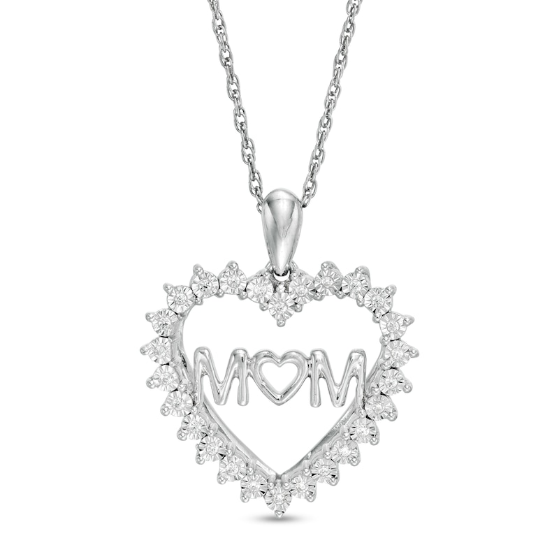 Main Image 1 of 1/15 CT. T.W. Diamond "MOM" Shadow Heart Pendant in Sterling Silver