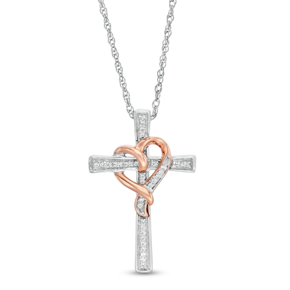 1/15 CT. T.w. Diamond Cross with Ribbon Heart Overlay Pendant in Sterling Silver and 10K Rose Gold