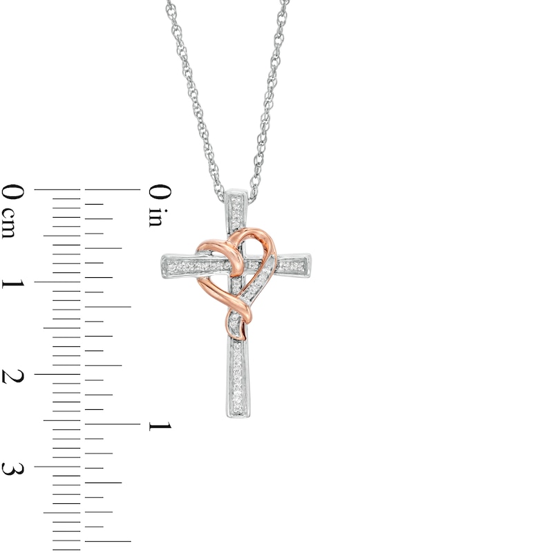 1/15 CT. T.W. Diamond Cross with Ribbon Heart Overlay Pendant in Sterling Silver and 10K Rose Gold