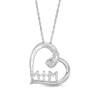 1/6 CT. T.W. Baguette and Round Diamond "MOM" Tilted Heart Pendant in Sterling Silver