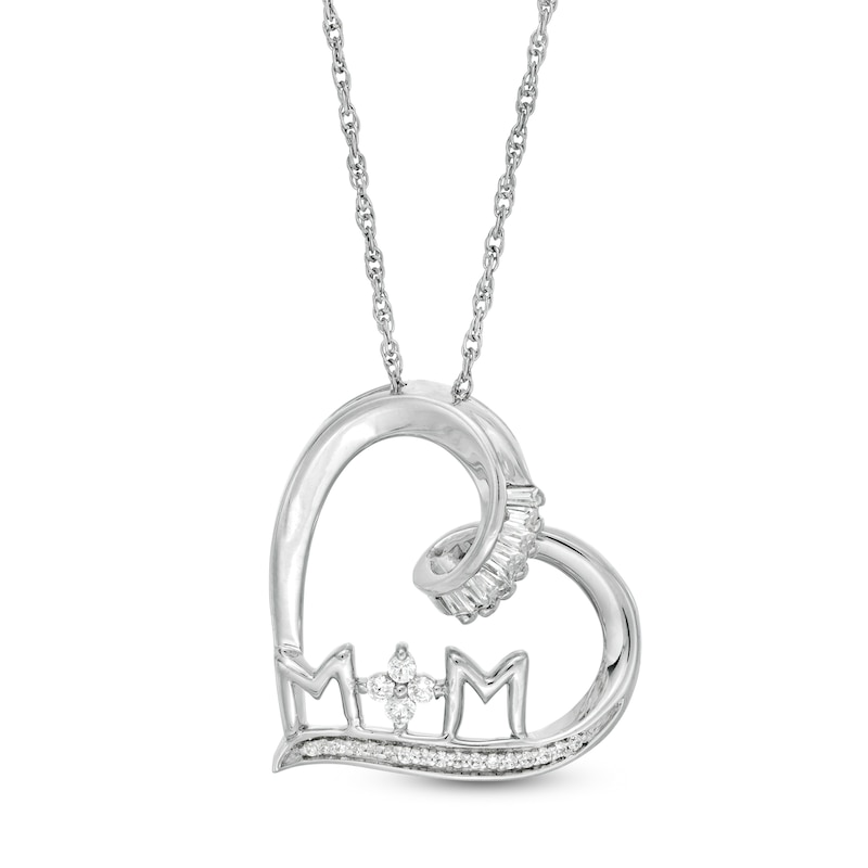 Main Image 1 of 1/6 CT. T.W. Baguette and Round Diamond "MOM" Tilted Heart Pendant in Sterling Silver