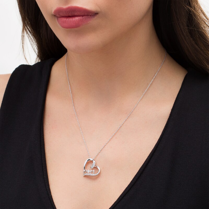 Main Image 2 of 1/6 CT. T.W. Baguette and Round Diamond "MOM" Tilted Heart Pendant in Sterling Silver