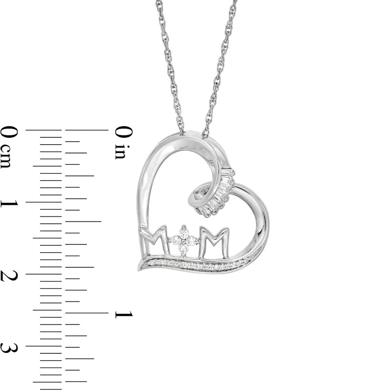Main Image 3 of 1/6 CT. T.W. Baguette and Round Diamond "MOM" Tilted Heart Pendant in Sterling Silver