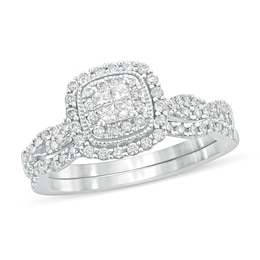1/2 CT. T.W. Quad Princess-Cut Diamond Cushion Frame Twist Shank Bridal Set in 10K White Gold