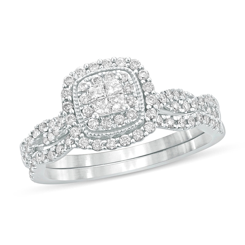 Main Image 1 of 1/2 CT. T.W. Quad Princess-Cut Diamond Cushion Frame Twist Shank Bridal Set in 10K White Gold