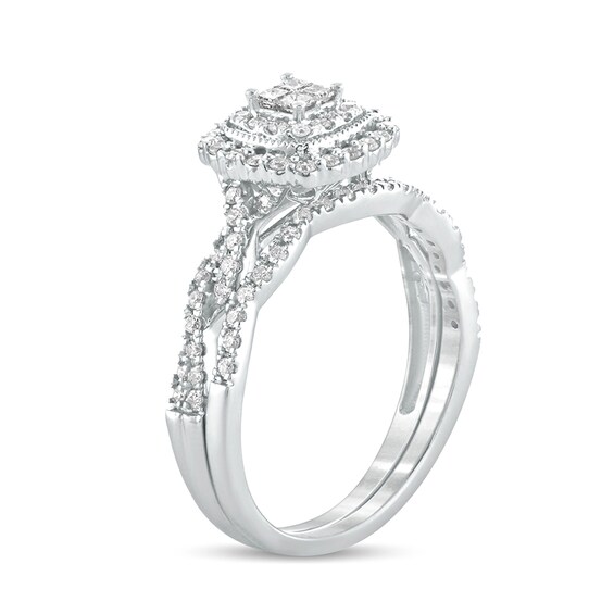1/2 CT. T.w. Quad Princess-Cut Diamond Cushion Frame Twist Shank Bridal Set in 10K White Gold