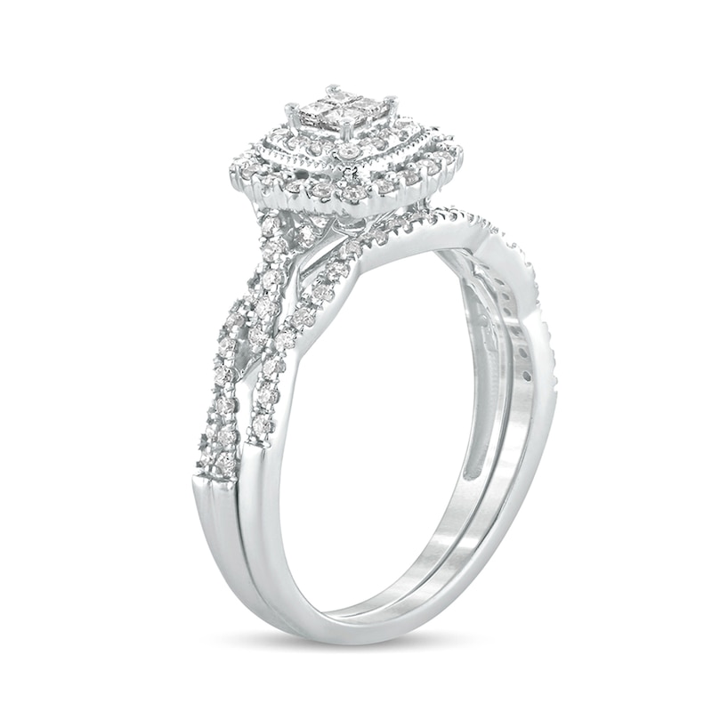 Main Image 2 of 1/2 CT. T.W. Quad Princess-Cut Diamond Cushion Frame Twist Shank Bridal Set in 10K White Gold