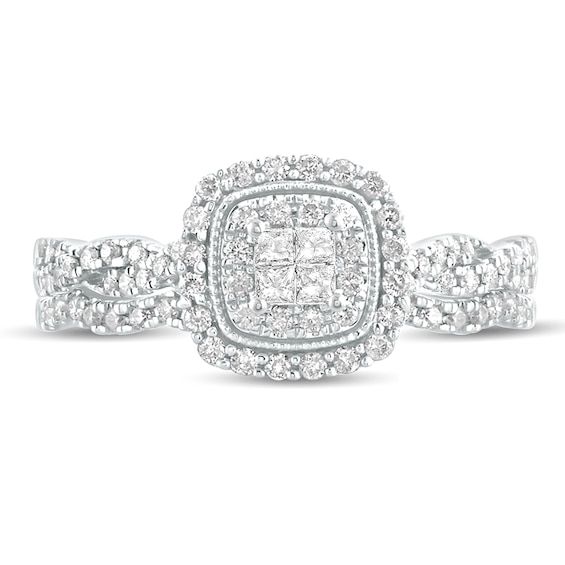 1/2 CT. T.w. Quad Princess-Cut Diamond Cushion Frame Twist Shank Bridal Set in 10K White Gold