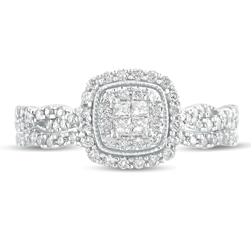 Main Image 3 of 1/2 CT. T.W. Quad Princess-Cut Diamond Cushion Frame Twist Shank Bridal Set in 10K White Gold