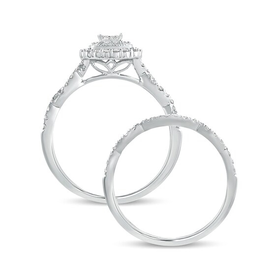 1/2 CT. T.w. Quad Princess-Cut Diamond Cushion Frame Twist Shank Bridal Set in 10K White Gold