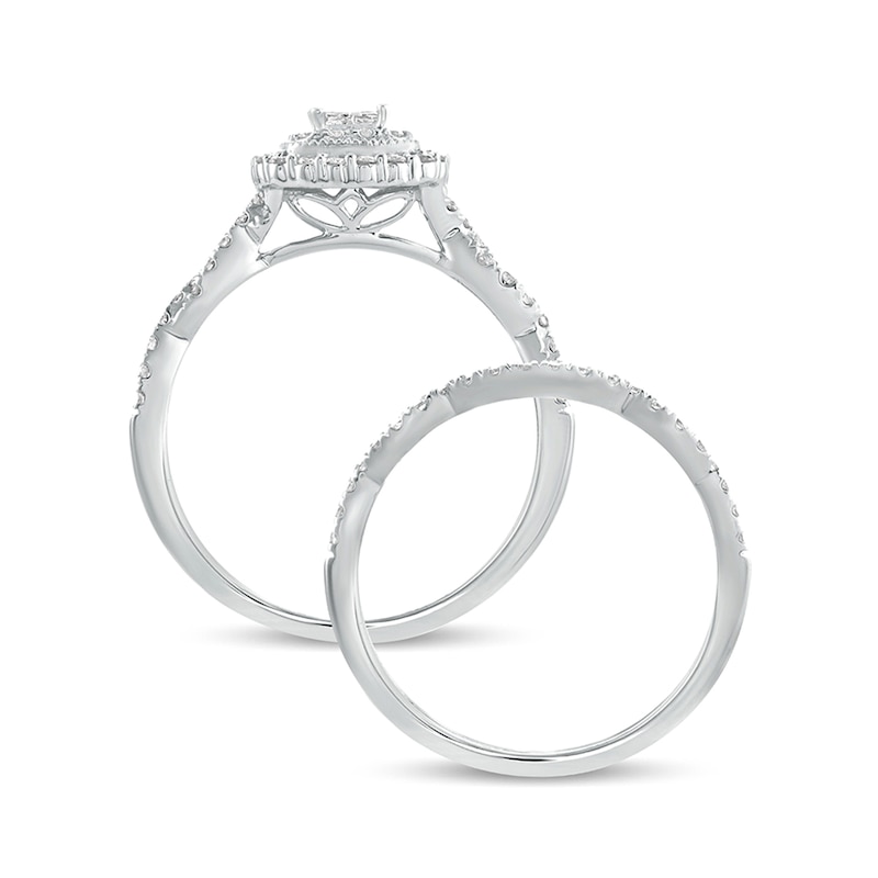 Main Image 4 of 1/2 CT. T.W. Quad Princess-Cut Diamond Cushion Frame Twist Shank Bridal Set in 10K White Gold