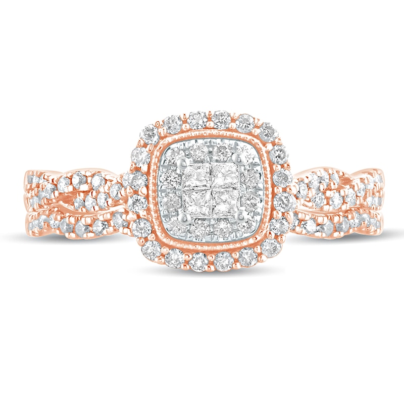 Main Image 1 of 1/2 CT. T.W. Princess-Cut Quad Diamond Frame Twist Shank Bridal Set in 10K Rose Gold