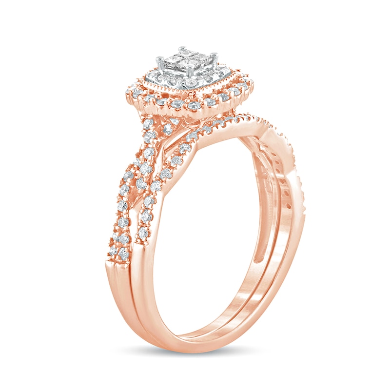 Main Image 2 of 1/2 CT. T.W. Princess-Cut Quad Diamond Frame Twist Shank Bridal Set in 10K Rose Gold