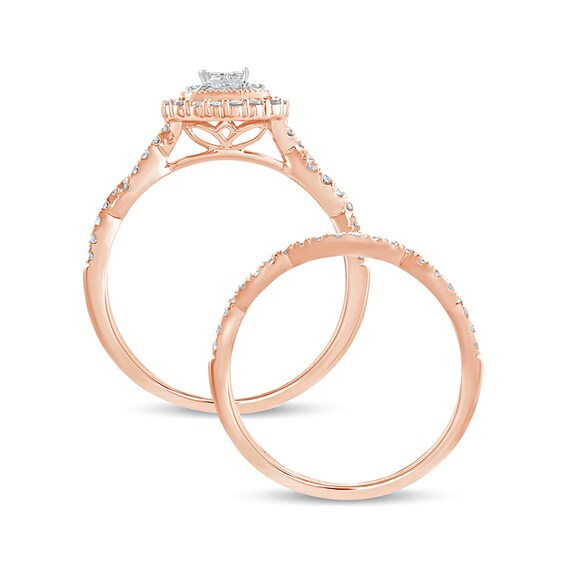 1/2 CT. T.w. Princess-Cut Quad Diamond Frame Twist Shank Bridal Set in 10K Rose Gold
