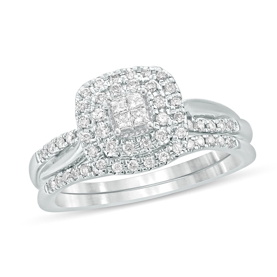 3/8 CT. T.w. Princess-Cut Quad Diamond Cushion Frame Bridal Set in 10K White Gold