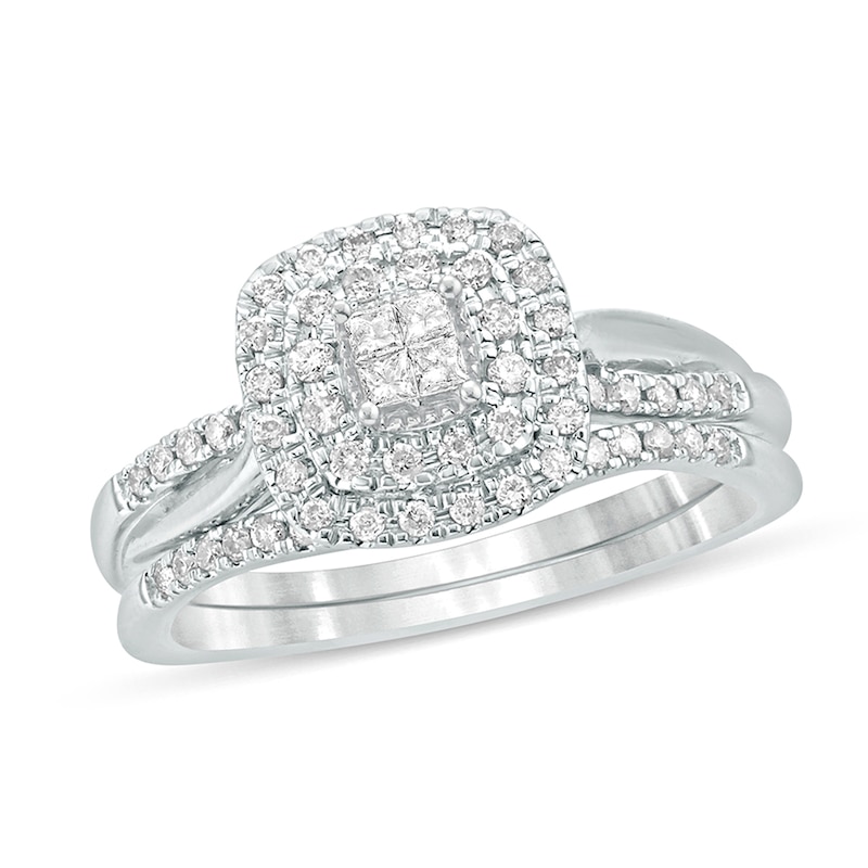Main Image 1 of 3/8 CT. T.W. Princess-Cut Quad Diamond Cushion Frame Bridal Set in 10K White Gold