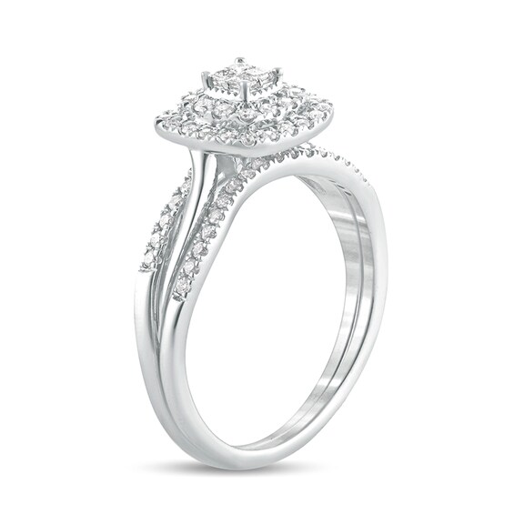 3/8 CT. T.w. Princess-Cut Quad Diamond Cushion Frame Bridal Set in 10K White Gold