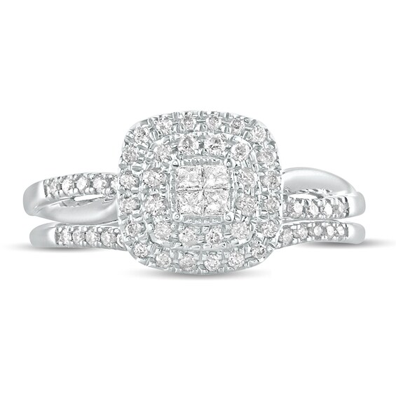 3/8 CT. T.w. Princess-Cut Quad Diamond Cushion Frame Bridal Set in 10K White Gold