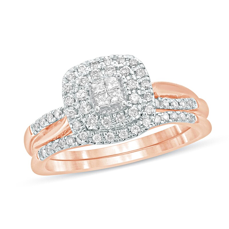Main Image 1 of 3/8 CT. T.W. Quad Princess-Cut Diamond Double Cushion Frame Twist Shank Bridal Set in 10K Rose Gold