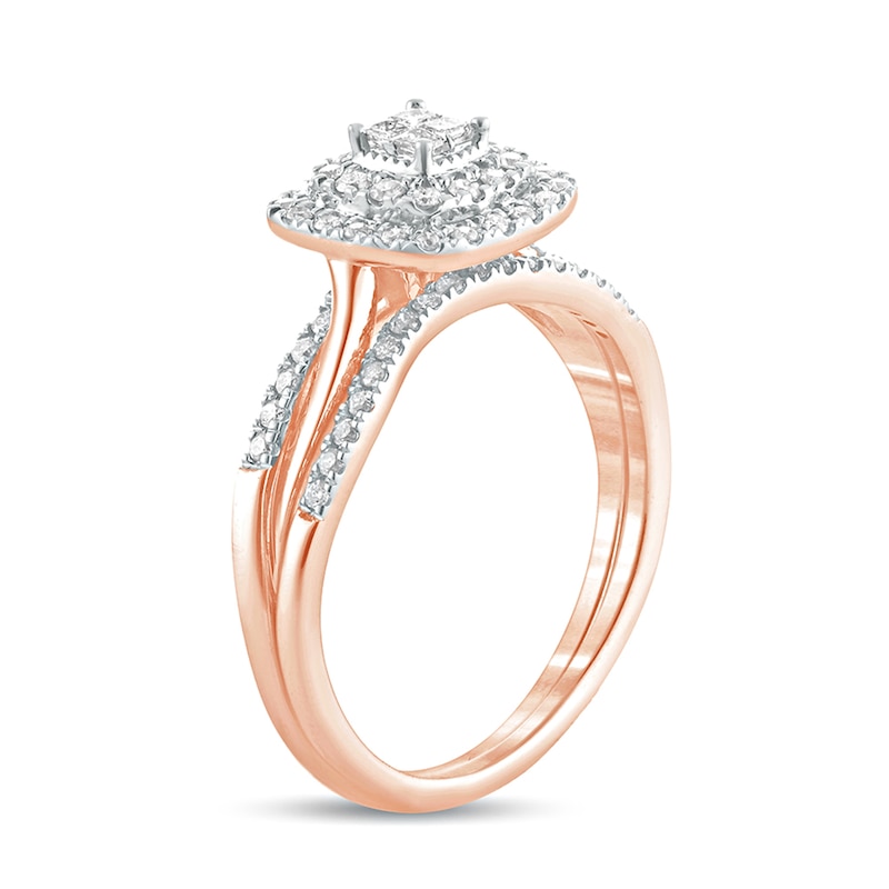 Main Image 2 of 3/8 CT. T.W. Quad Princess-Cut Diamond Double Cushion Frame Twist Shank Bridal Set in 10K Rose Gold