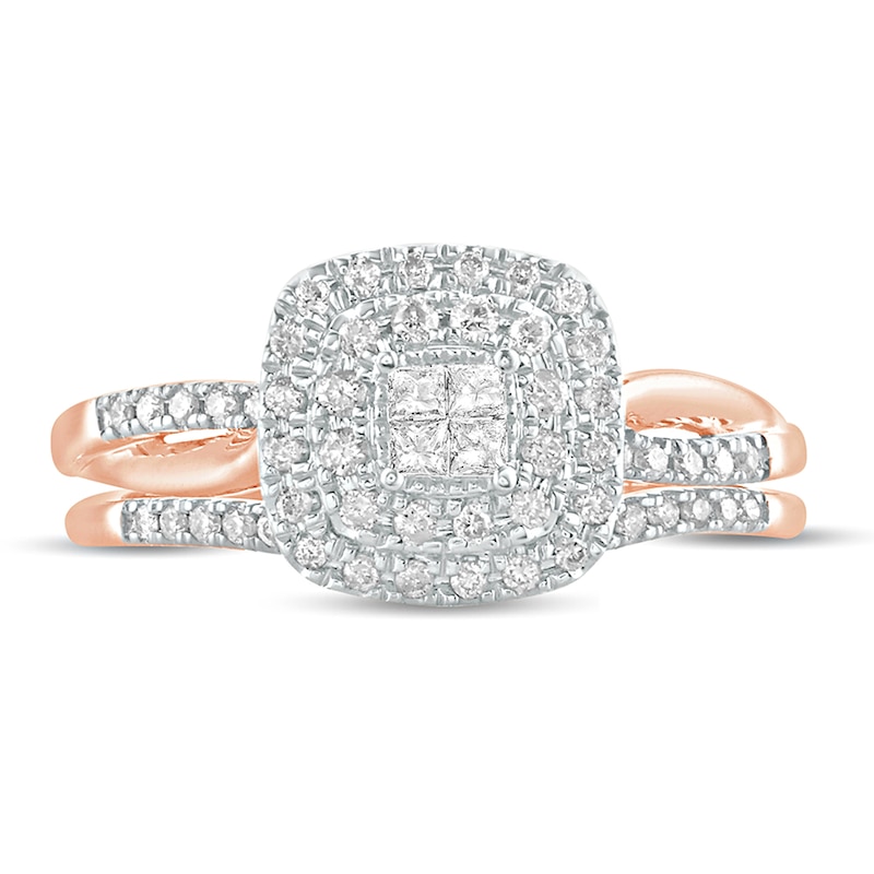Main Image 3 of 3/8 CT. T.W. Quad Princess-Cut Diamond Double Cushion Frame Twist Shank Bridal Set in 10K Rose Gold
