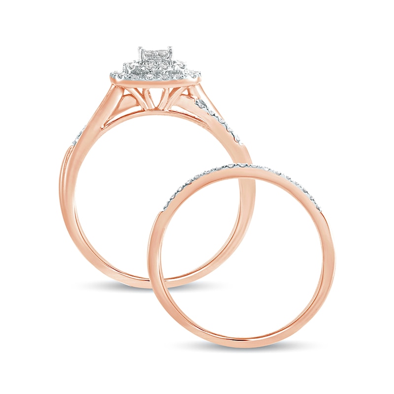 Main Image 4 of 3/8 CT. T.W. Quad Princess-Cut Diamond Double Cushion Frame Twist Shank Bridal Set in 10K Rose Gold