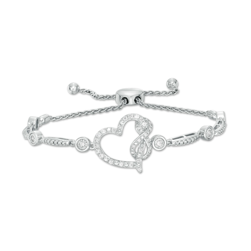 3/8 CT. T.W. Diamond Tilted Heart with Infinity Bolo Bracelet in Sterling Silver - 9.0"