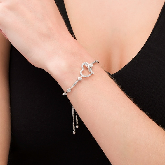 3/8 CT. T.w. Diamond Tilted Heart with Infinity Bolo Bracelet in Sterling Silver - 9.0"