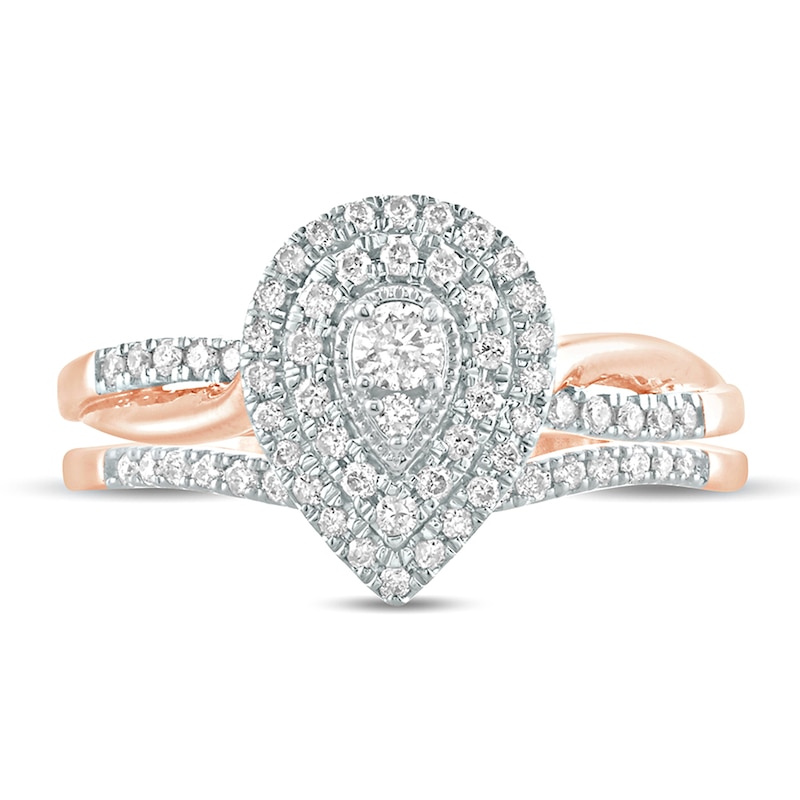 3/8 CT. T.W. Composite Diamond Pear-Shaped Double Frame Twist Shank Bridal Set in 10K Rose Gold