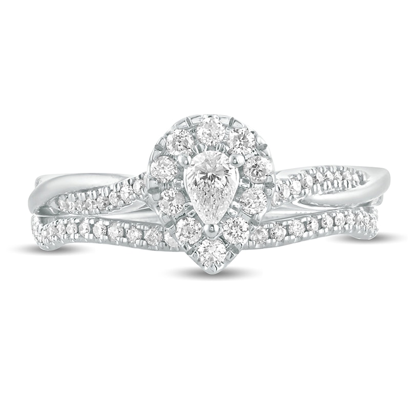 Main Image 3 of 1/2 CT. T.W. Pear-Shaped Diamond Frame Twist Shank Bridal Set in 10K White Gold