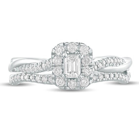 1/2 CT. T.w. Emerald-Cut Diamond Frame Twist Shank Bridal Set in 10K White Gold