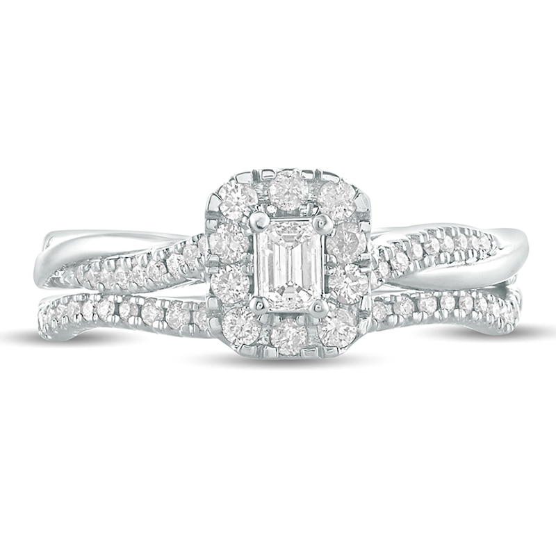 1/2 CT. T.W. Emerald-Cut Diamond Frame Twist Shank Bridal Set in 10K White Gold