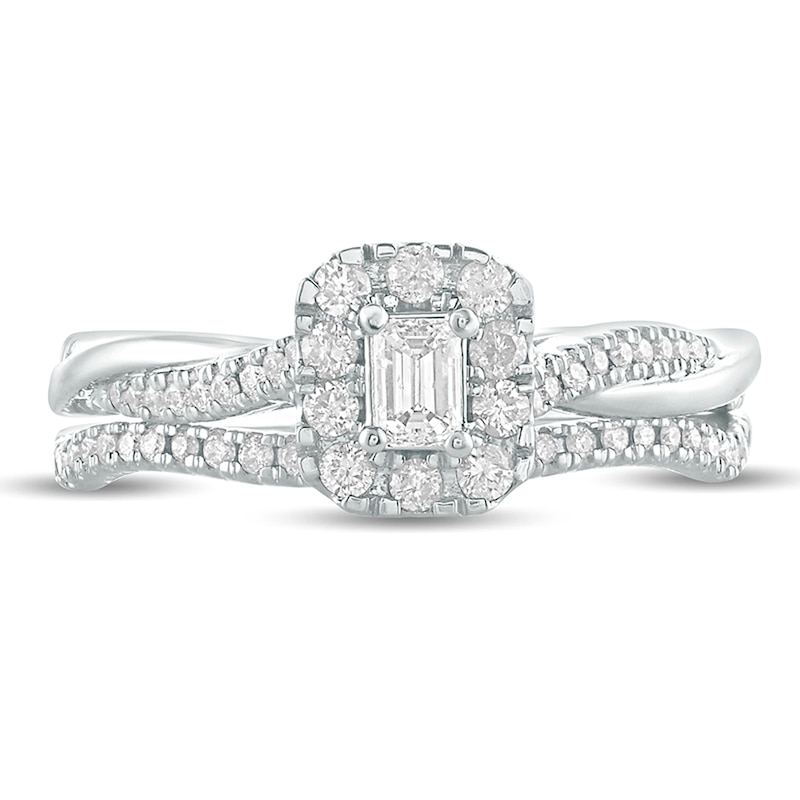 Main Image 3 of 1/2 CT. T.W. Emerald-Cut Diamond Frame Twist Shank Bridal Set in 10K White Gold