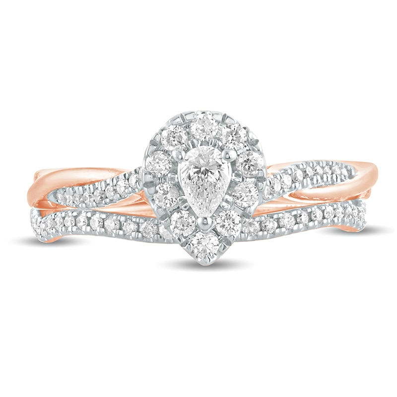 Main Image 3 of 1/2 CT. T.W. Pear-Shaped Diamond Frame Twist Shank Bridal Set in 10K Rose Gold