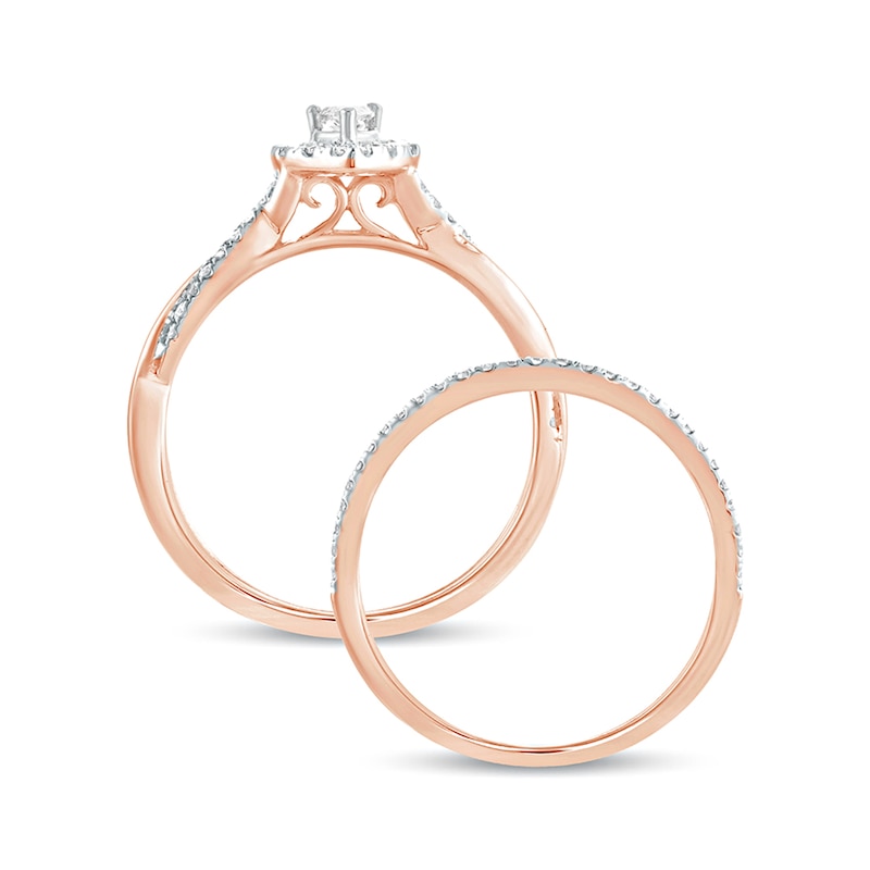 Main Image 4 of 1/2 CT. T.W. Pear-Shaped Diamond Frame Twist Shank Bridal Set in 10K Rose Gold