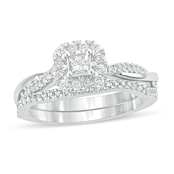 1/2 CT. T.w. Princess-Cut Diamond Frame Twist Shank Bridal Set in 10K White Gold