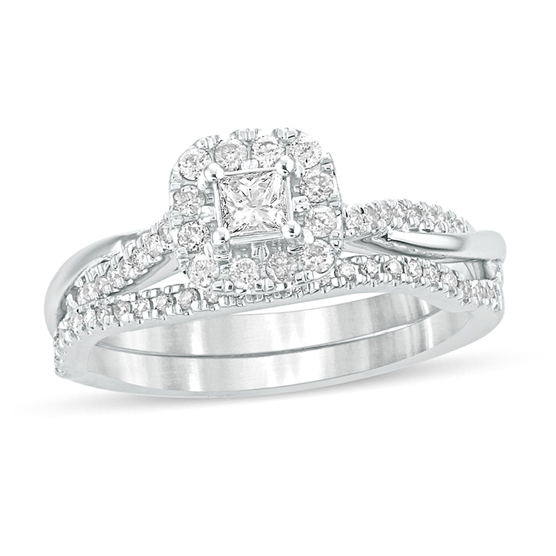 Main Image 1 of 1/2 CT. T.W. Princess-Cut Diamond Frame Twist Shank Bridal Set in 10K White Gold