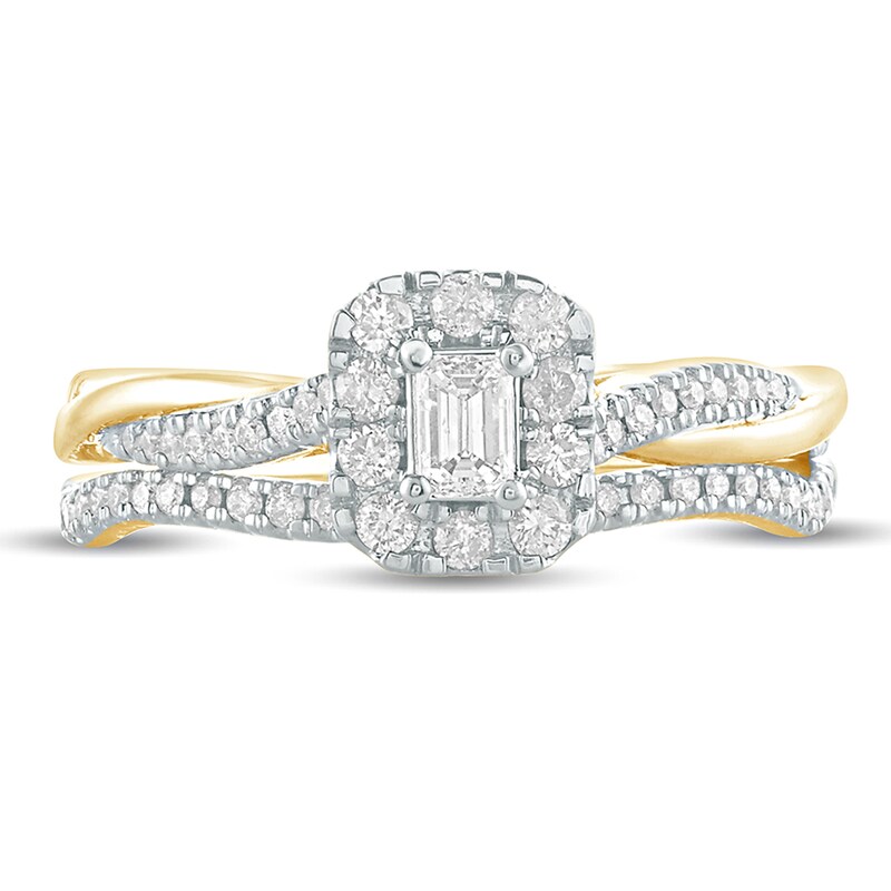 Main Image 3 of 1/2 CT. T.W. Emerald-Cut Diamond Frame Twist Shank Bridal Set in 10K Gold