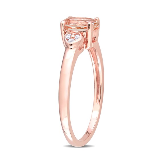 Oval Morganite and 1/20 CT. T.w. Diamond Trio Heart-Sides Ring in Sterling Silver with Rose Rhodium
