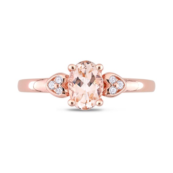 Oval Morganite and 1/20 CT. T.w. Diamond Trio Heart-Sides Ring in Sterling Silver with Rose Rhodium