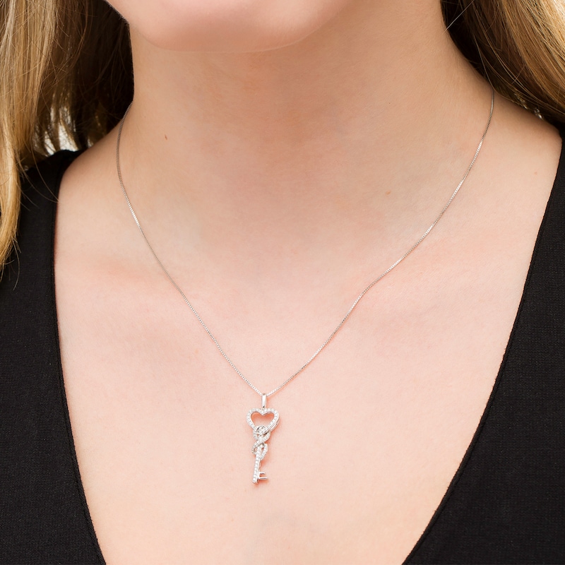 Main Image 2 of 1/4 CT. T.W. Diamond Heart-Top Key with Infinity Ribbon Pendant in Sterling Silver
