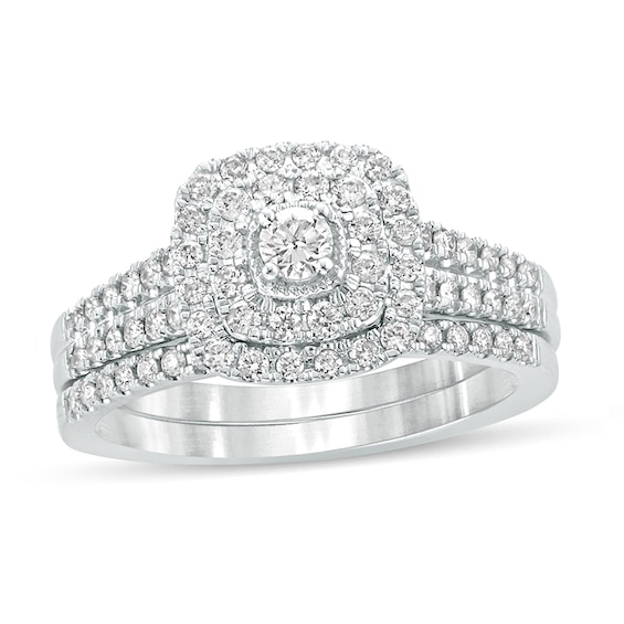 5/8 CT. T.w. Diamond Cushion Frame Split Shank Bridal Set in 10K White Gold