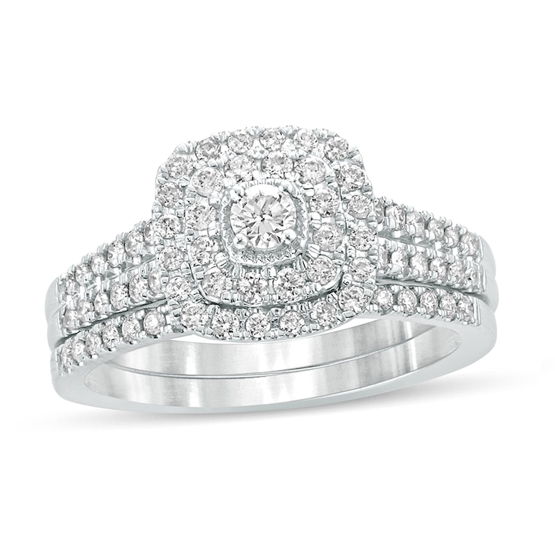 Main Image 1 of 5/8 CT. T.W. Diamond Cushion Frame Split Shank Bridal Set in 10K White Gold