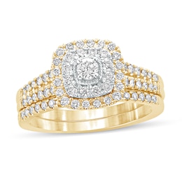 5/8 CT. T.W. Diamond Double Cushion Frame Multi-Row Bridal Set in 10K Gold