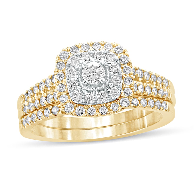 Main Image 1 of 5/8 CT. T.W. Diamond Double Cushion Frame Multi-Row Bridal Set in 10K Gold