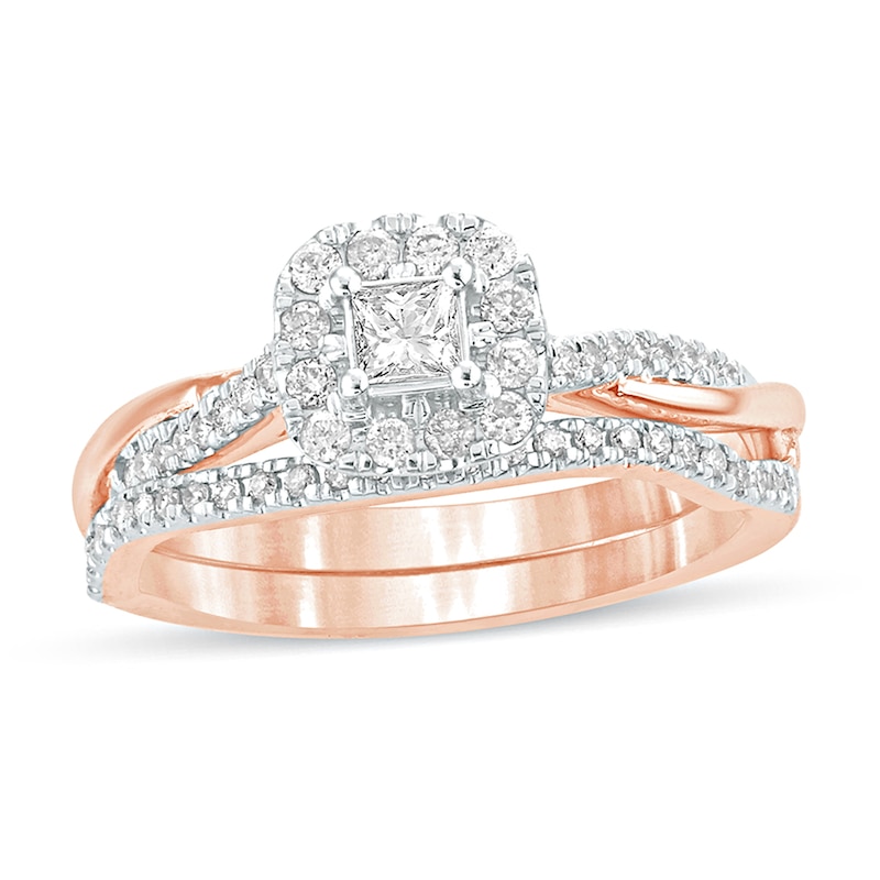 Main Image 1 of 1/2 CT. T.W. Princess-Cut Diamond Frame Twist Shank Bridal Set in 10K Rose Gold