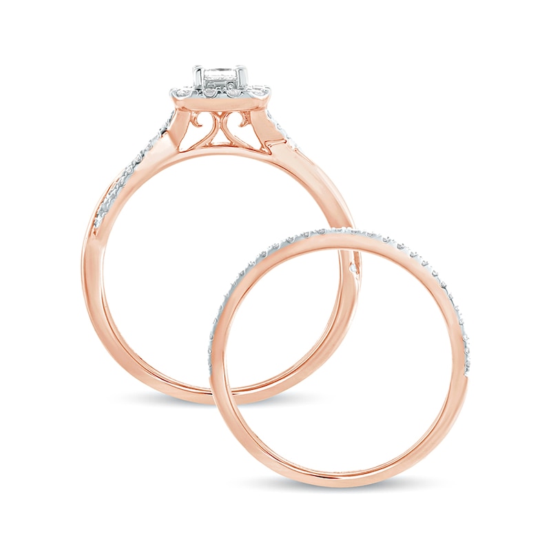 Main Image 4 of 1/2 CT. T.W. Princess-Cut Diamond Frame Twist Shank Bridal Set in 10K Rose Gold