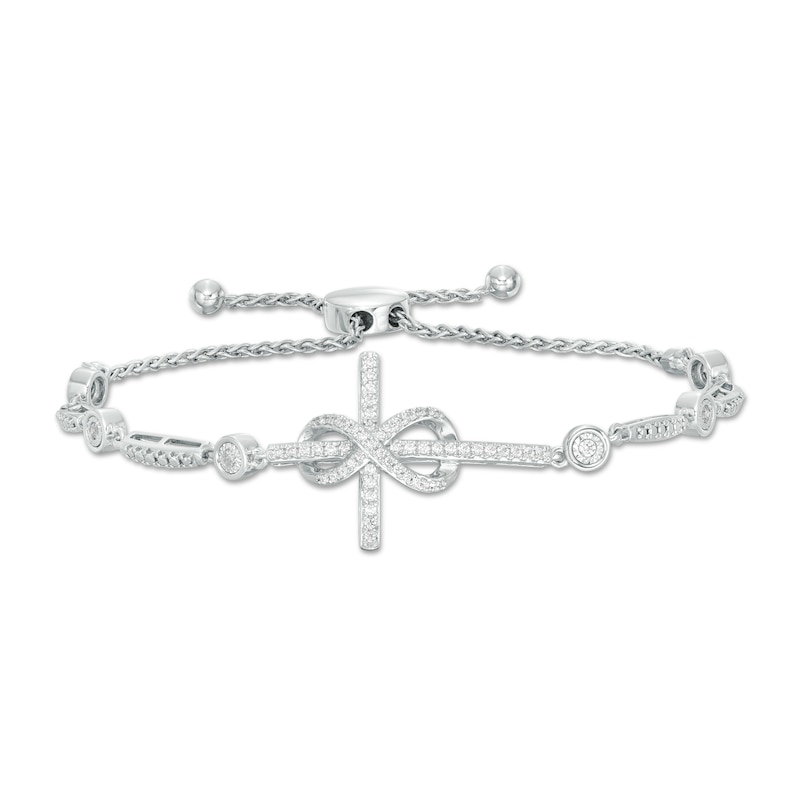 Main Image 1 of 3/8 CT. T.W. Diamond Sideways Cross with Infinity Bolo Bracelet in Sterling Silver - 9.0"