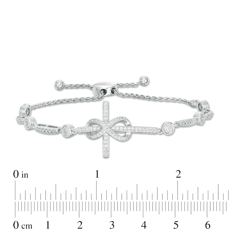 3/8 CT. T.W. Diamond Sideways Cross with Infinity Bolo Bracelet in Sterling Silver - 9.0"
