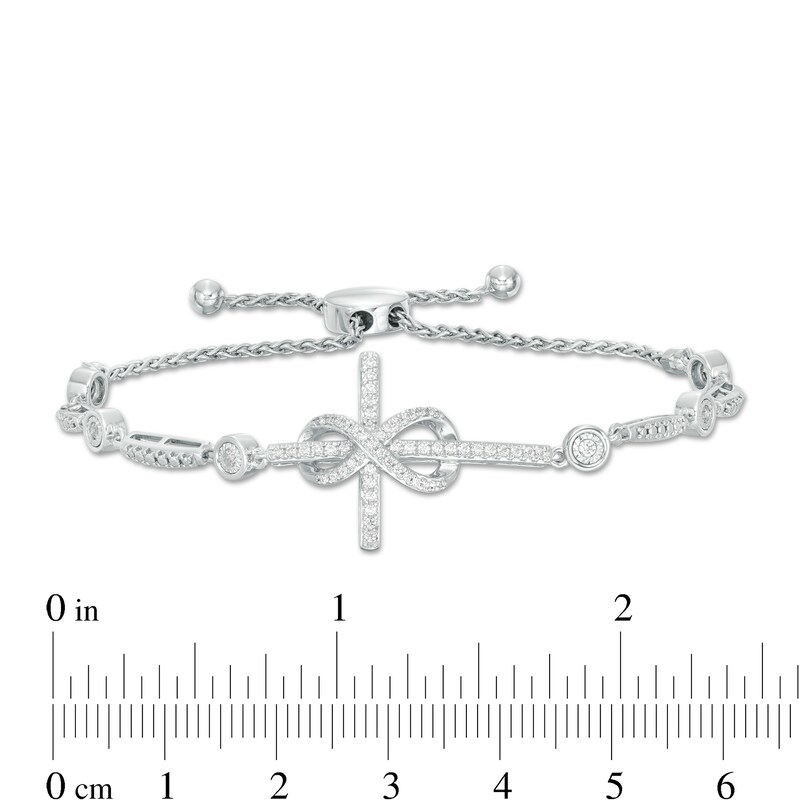 Main Image 3 of 3/8 CT. T.W. Diamond Sideways Cross with Infinity Bolo Bracelet in Sterling Silver - 9.0"